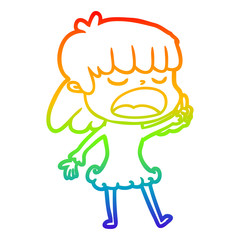rainbow gradient line drawing cartoon woman talking loudly
