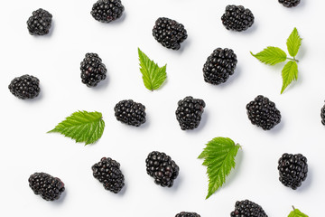 Blackberries and leaves top view