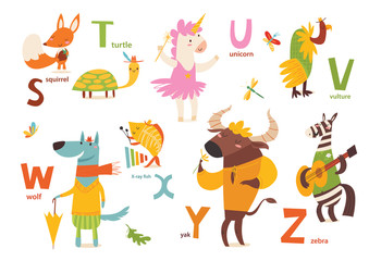 Part 4 of animals abc with cute cartoon animals and letters. Letters S-Z