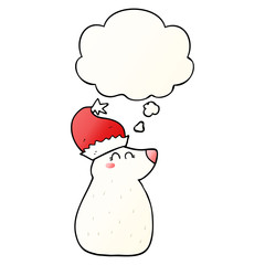 cartoon bear wearing christmas hat and thought bubble in smooth gradient style