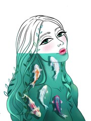 Fun art print girl mermaid fill with water and colored fish japan koi and seaweed and red lips t shirt