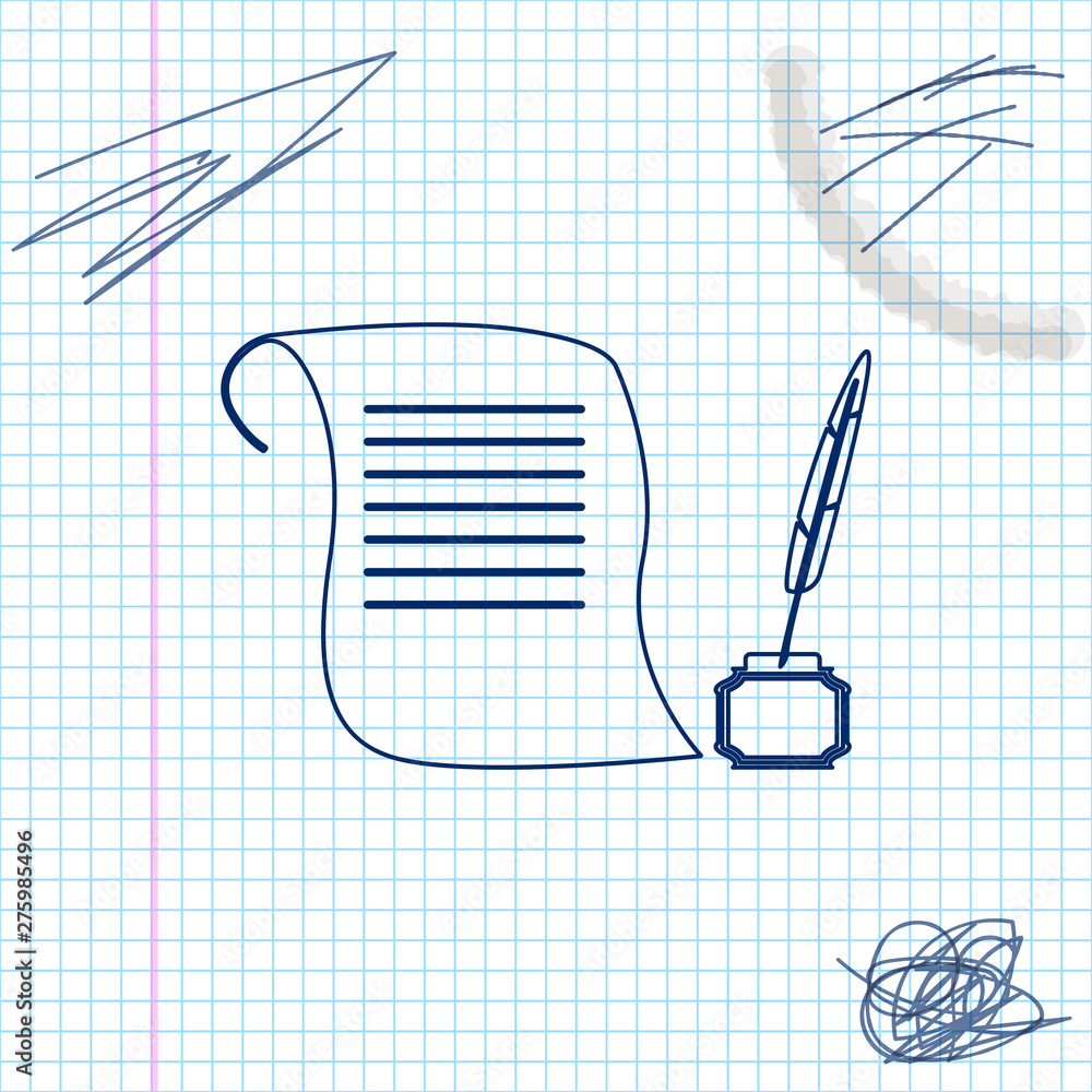 Poster feather in the inkwell and paper scroll line sketch icon isolated on white background. vector illust