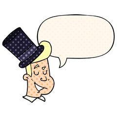 cartoon man wearing top hat and speech bubble in comic book style