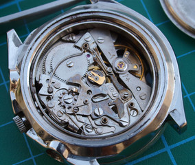 close up macro pic of vintage cronograph wath mechanism