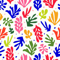 Matisse inspired shapes seamless floral pattern, colorful design, vector illustration