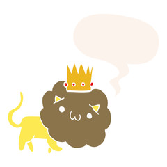cartoon lion and crown and speech bubble in retro style