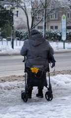 Alte Frau mit Gehhilfe/Rollstuhl wartet im Winter an einer Bushaltestelle