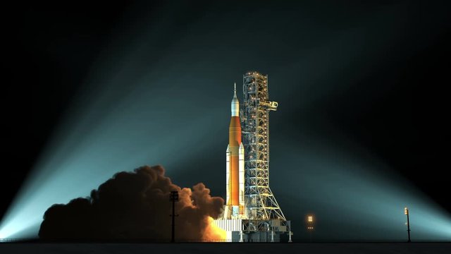4K. Space Launch System Night Takes Off. 3D Animation. Ultra High Definition. 3840x2160.