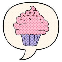 cartoon cupcake and speech bubble in comic book style