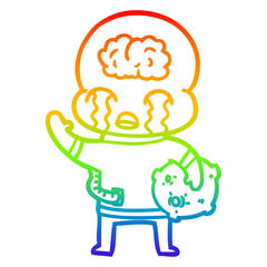 rainbow gradient line drawing cartoon big brain alien crying and waving goodbye