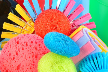 Background of clothespins, sponges and napkins for cleaning.