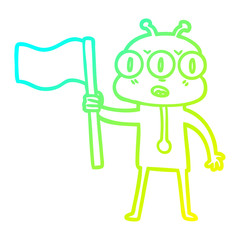 cold gradient line drawing cartoon three eyed alien waving flag