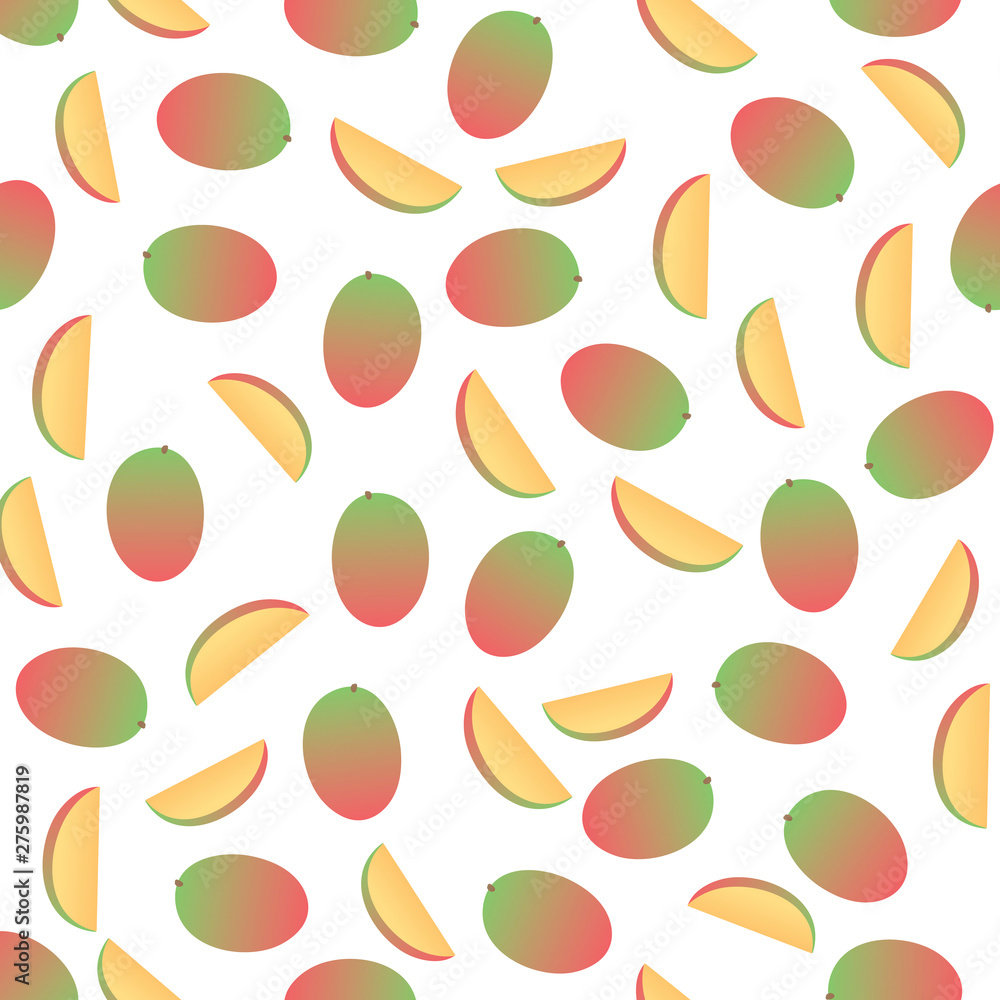 Poster vector fresh simple fruit seamless pattern. irregular composition of ripe mango slices isolated on w