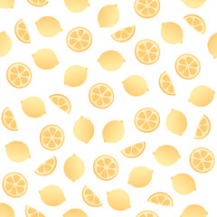 Vector fresh simple fruit seamless pattern. Irregular composition of yellow lemon slices isolated on white background. Design repeate tile for decorative texture, textile, backdrop, wrapping paper.