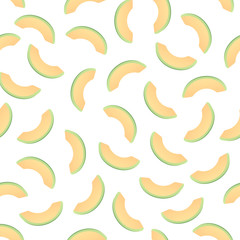 Vector fresh simple fruit seamless pattern. Irregular composition of ripe melon slices isolated on white background. Design repeate tile for decorative texture, textile, backdrop, wrapping paper.