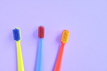 Colorful toothbrushes with selective focus on blurred purple background. Dental tools for daily teeth protection. Multicolored plastic toothbrush with bright bristles with soft focus. Oral hygiene 