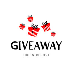 Giveaway vector illustration for promotion in social network. Advertizing of giving present fo like or repost. Decoration banner for business account. Text "Giveaway" written by lettering font.