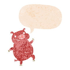 cartoon dancing pig and speech bubble in retro textured style