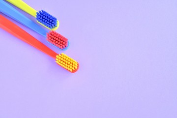 Colorful toothbrushes with selective focus on blurred purple background. Dental tools for daily teeth protection. Multicolored plastic toothbrush with bright bristles with soft focus. Oral hygiene 