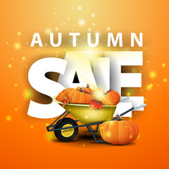 Autumn sale, orange discount banner with garden wheelbarrow with a harvest of pumpkins and autumn leaves