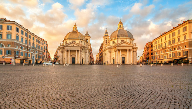 Piazza del Popolo (People's Square) in Rome, Italy. Churches of Santa Maria in Montesanto and Santa Maria dei Miracoli in Rome, Italy. Rome architecture and landmark. Nice scenery of Rome