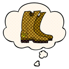 cartoon cowboy boots and thought bubble in comic book style