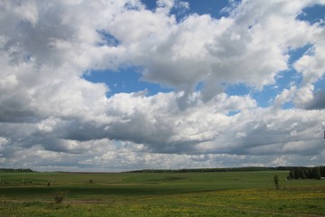 Fototapeta na wymiar Rural landscape with blue sky and white clouds in Chuvashia
