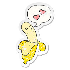 cartoon banana in love and speech bubble distressed sticker
