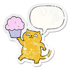 cartoon cat and cupcake and speech bubble distressed sticker