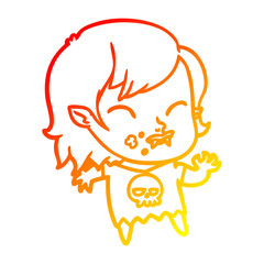 warm gradient line drawing cartoon vampire girl with blood on cheek