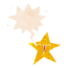 happy cartoon star and speech bubble in retro textured style