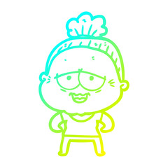 cold gradient line drawing cartoon happy old lady