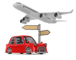 Red car and airplane on white background. Isolated 3D illustration