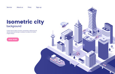 Isometric city background. Modern city with skyscrapers. Megacity infrastructure. Business center. Web page concept. Vector illustration - obrazy, fototapety, plakaty