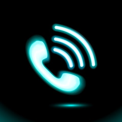 Neon Phone, blue handset icon vector. Pictogram vector illustration. Fluorescent design isolated on black background. Luminescent illumination, sign. Telephone call center, support Web, app Ui