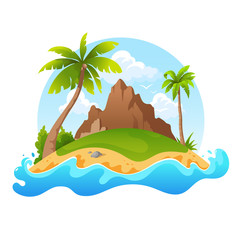 Tropical island with mountain and palm trees isolated on white background. Cartoon uninhabited island surrounded by water. Vector illustration.