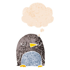 cartoon penguin and thought bubble in retro textured style