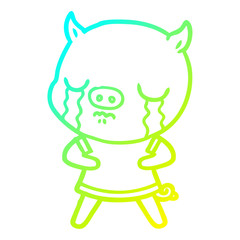 cold gradient line drawing cartoon pig crying