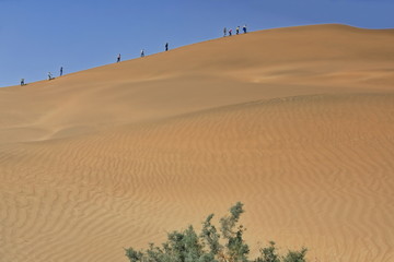 Fototapeta na wymiar Tourists climbing up dunes-Takla Makan Desert-Yutian Keriya county-Xinjiang Uyghur region-China-0232