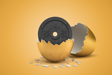 3d rendering of 25 kg weight plate hatching out of golden egg on yellow background