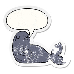 cartoon seal and speech bubble distressed sticker