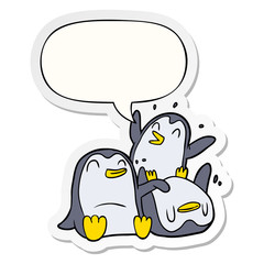 cartoon happy penguins and speech bubble sticker