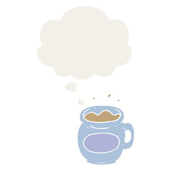 cartoon coffee cup and thought bubble in retro style