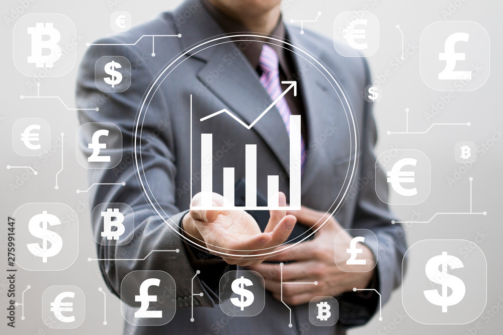 Poster businessman presses button analysis of financial data on the chart on virtual electronic user interf