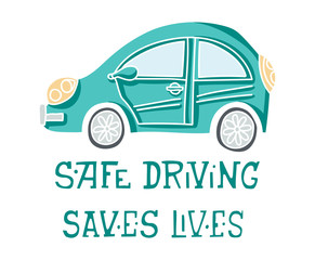 Hand drawn vector car print. Doodle illustration  of an auto with 