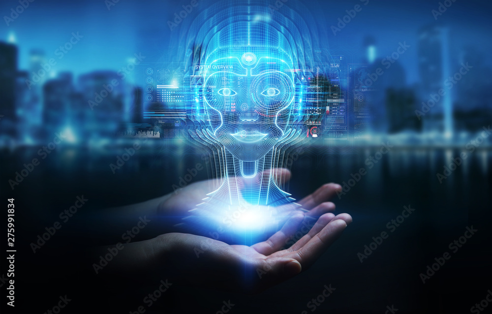 Fototapete Businessman using digital artificial intelligence head interface 3D rendering