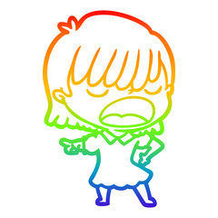 rainbow gradient line drawing cartoon woman talking loudly