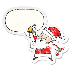 cartoon santa claus and hot cocoa and speech bubble distressed sticker