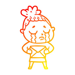 warm gradient line drawing cartoon crying woman with letter