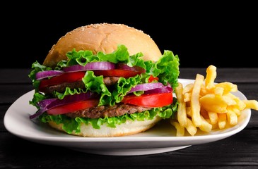 Burger served in bun in nutrition fast food concept